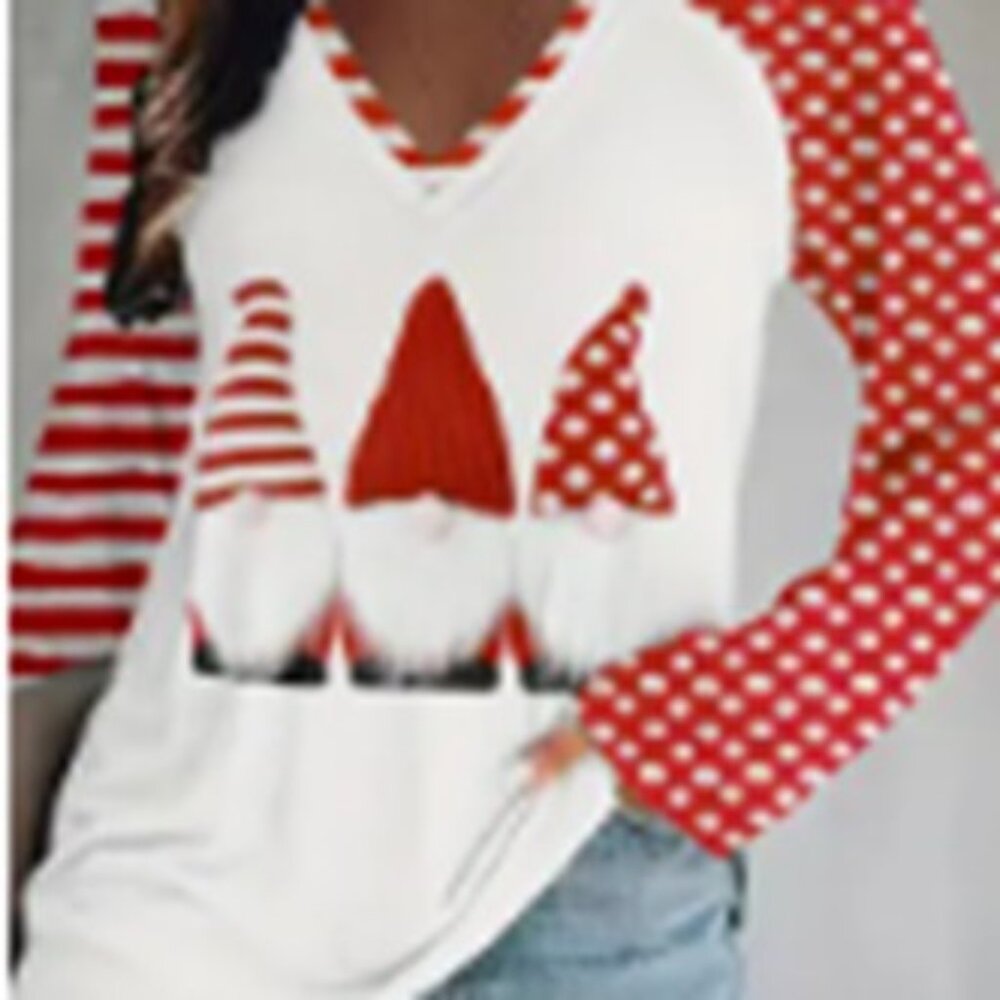 Women'S Plus Size Christmas Gnome Patchwork Print Long Sleeve T-Shirt, V-Neck,